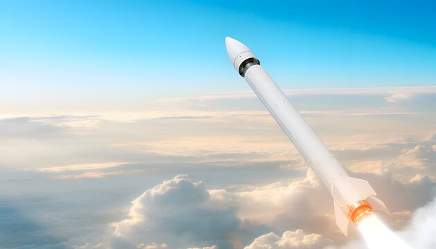 Powerful launching space rocket with engine fire ascending through layered clouds in the sky