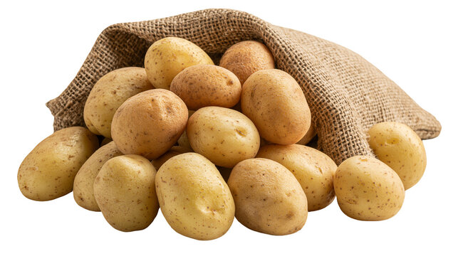 Fresh raw potatoes spilling out of a rustic burlap sack