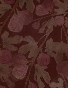 Hand Painted Burgundy Botanical Fig Vintage Background