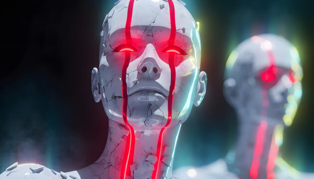 Hostile cyber attack threat and rogue artificial intelligence takeover. Broken machine vulnerability. Cracked cyborg mannequin staring with glowing red laser eyes