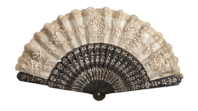 Vintage folding hand fan with dark carved wooden frame and cream lace fabric