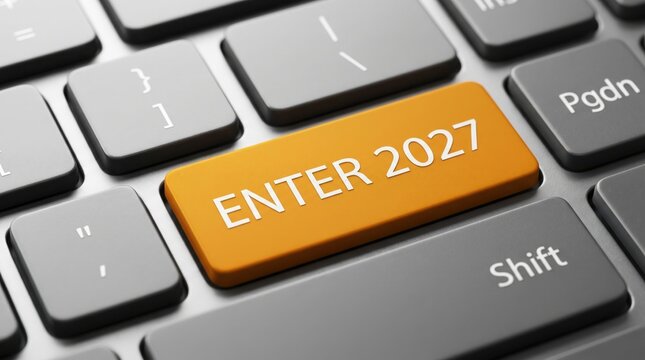 Orange enter 2027 button on dark grey computer keyboard for future year planning concept.