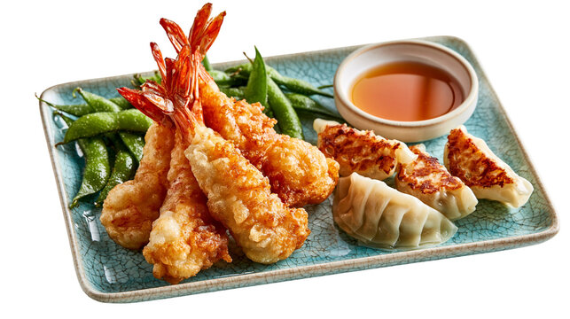 Crispy golden fried shrimp tempura with pan-seared gyoza dumplings and edamame