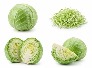 Fototapeta premium A collection of fresh green cabbage showing a whole head shredded pieces and sliced halves isolated on white