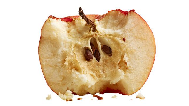 Bitten red apple half with visible seeds and core texture