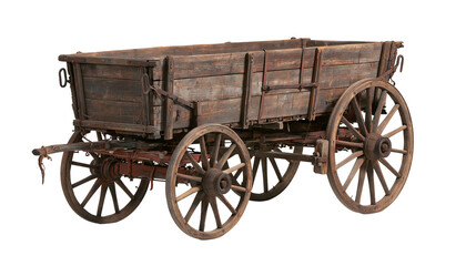 Rustic weathered wooden farm wagon with large spoked wheels and metal hardware © Ophelia