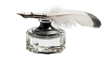 Vintage glass inkwell with a silver fountain pen nib and a white feather quill © Ophelia
