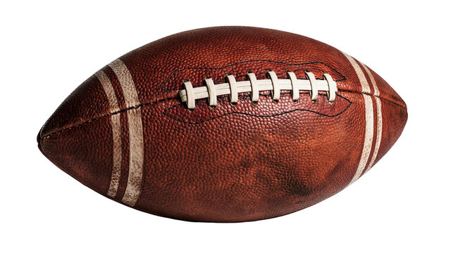 Brown leather American football with white laces and stripes