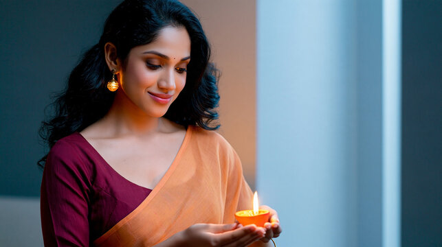 South Indian woman in colorful sari holding a glowing oil lamp with warm light against a softly lit interior wall during a traditional celebration