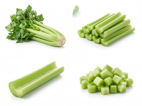 Collage of fresh green celery stalks and chopped vegetable pieces isolated on a white background