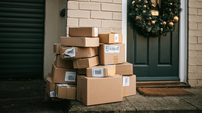 Stack of post christmas return parcels with shipping labels waiting outside a residential front door for courier collection