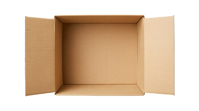 Open empty rectangular cardboard box with corrugated paper texture