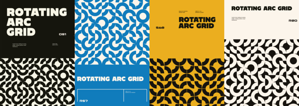 Rotating Arc Grid Geometric Seamless Pattern Set and Modern Posters Collection
