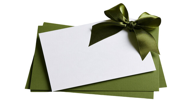 White rectangular card on stack of olive green envelopes with silk ribbon bow