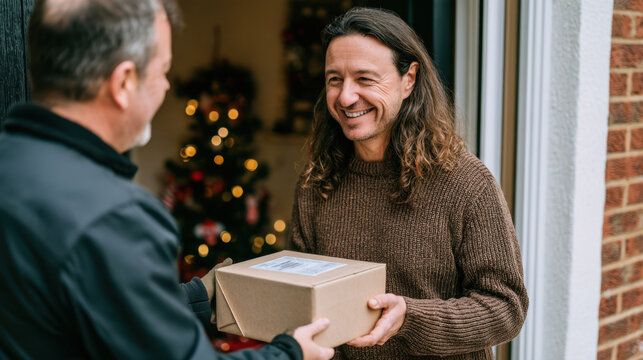 Smiling customer accepting a christmas delivery parcel from a courier at the front door during the holiday season