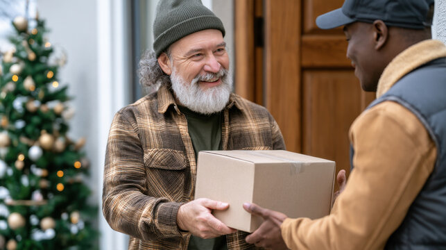 Customer handing a christmas return parcel to a courier at the doorstep during the holiday season