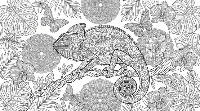 Zentangle Chameleon on Jungle Vine with Tropical Orchids and Mandalas Adult Coloring Page Line Art
