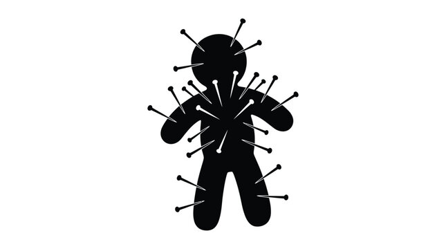 Black voodoo doll vector illustration featuring sharp metal needles pinned into a flat human silhouette