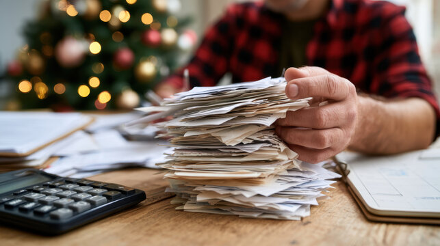Man organizing a large stack of bills and receipts beside a calculator during christmas financial planning