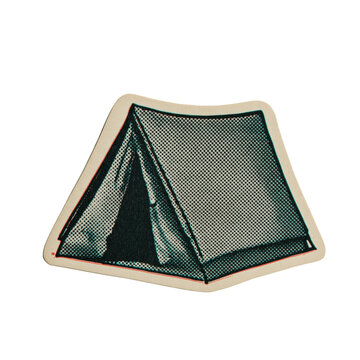 Halftone camping tent with die-cut sticker border isolated on a transparent background