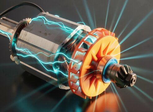 Electric motor core showing internal copper winding and power