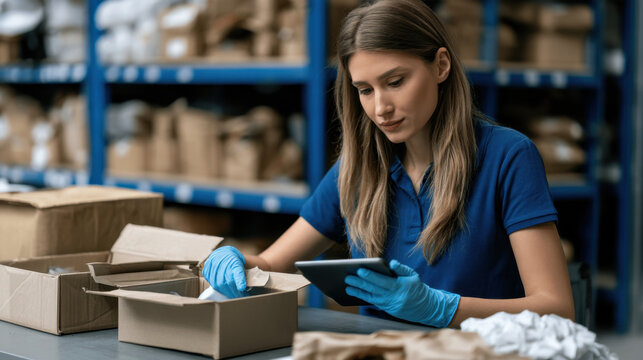 Female returns specialist examining opened package with tablet while processing merchandise in warehouse