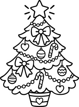 Christmas Tree Coloring Page with Candy Canes and Ornaments