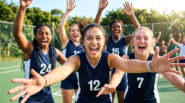 Excited Women Volleyball Team Cheering and Celebrating Victory