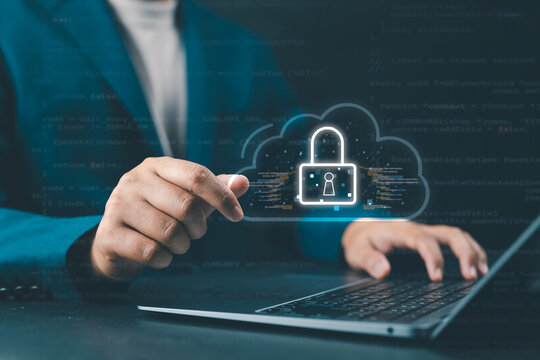 Hand holding digital cloud icon with lock representing data security and encryption in cloud computing technology.