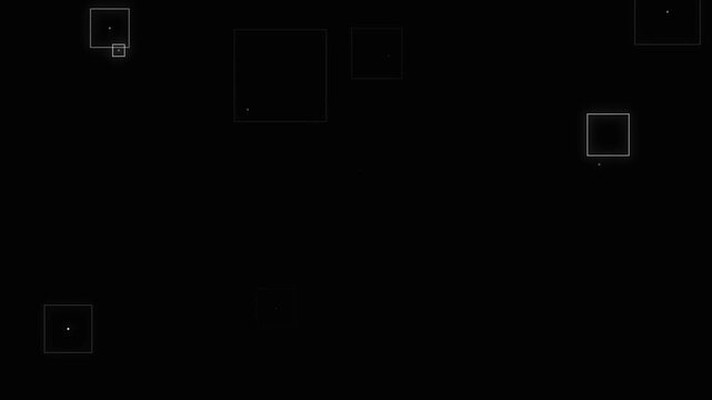 Abstract square particles overlay. Floating geometric frames effect on black background.
