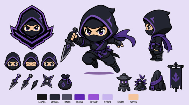 Purple ninja assassin character sprite sheet with kunai weapons set.
