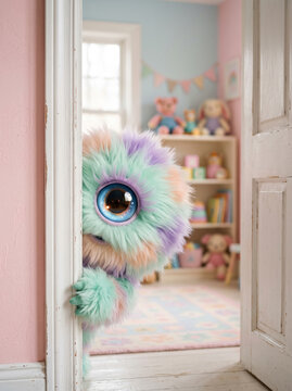 Colorful fluffy cyclops monster peeks playfully from behind white door in pastel children room with toys and books