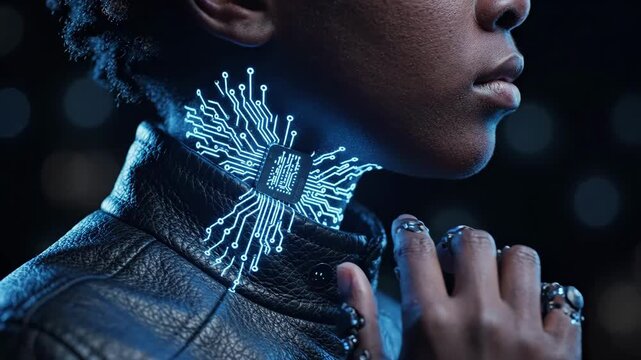 Young woman presses glowing microchip at her neck, and cybernetic collar interface spreads with bright circuits. She remains poised and serious in sleek futuristic portrait with cool blue light.