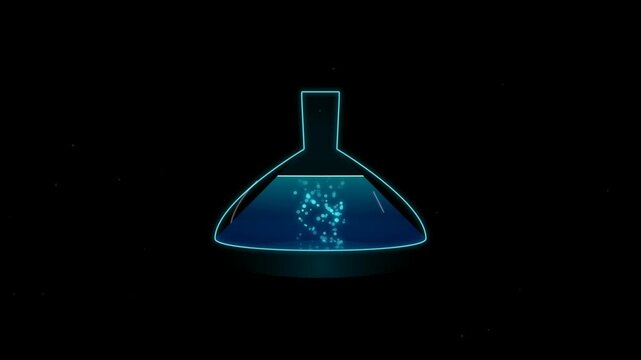 Neon glowing outline of a laboratory flask on a dark background, representing scientific research, chemistry, and innovation in a digital or futuristic style