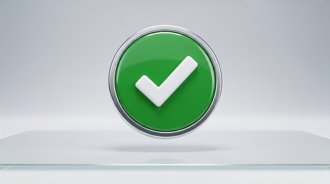 Shiny green check mark button icon rendered in a modern three dimensional glossy style
