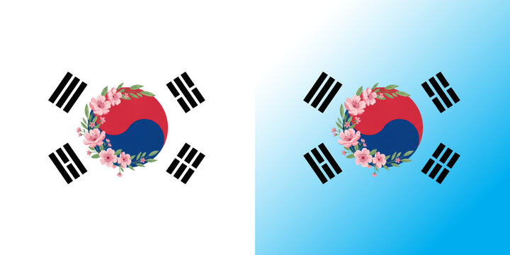 Pixel art style south korea flag with floral pattern isolated on a white background