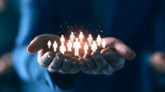 Professional business person holding glowing human icons to represent corporate human resources management strategy in a dark modern office setting