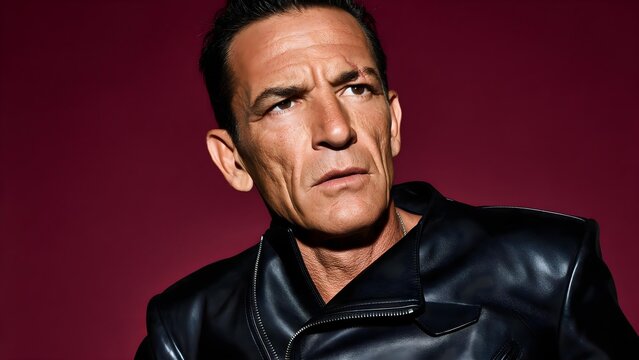Intense editorial portrait of a mature man with weathered skin, facial scar and asymmetrical features wearing an avant-garde black leather jacket against a deep burgundy backdrop