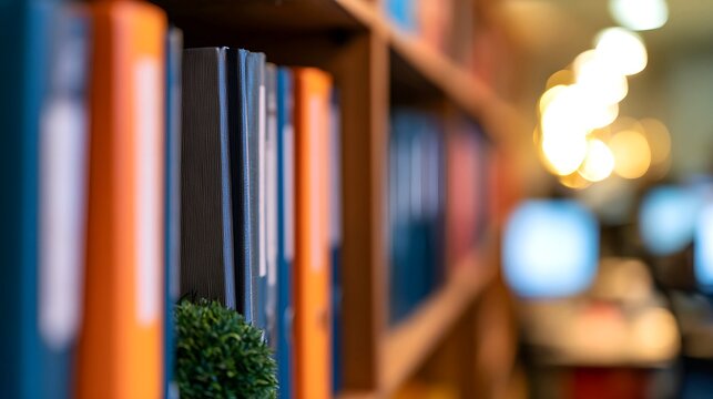 Colorful ring binders arranged neatly on wooden office shelves with soft glowing bokeh lights reflecting in the blurred background area