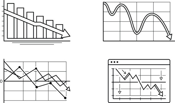 Downward chart vector set with falling arrows business loss economic recession bankruptcy and financial crisis line icons
