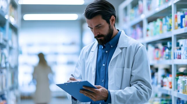 Professional bearded male pharmacist wearing white lab coat writing on clipboard while checking stock inside bright modern retail pharmacy store