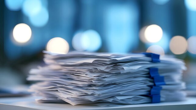 Stack of white papers clipped together sitting on a desk under soft blue office lighting creating a professional atmosphere