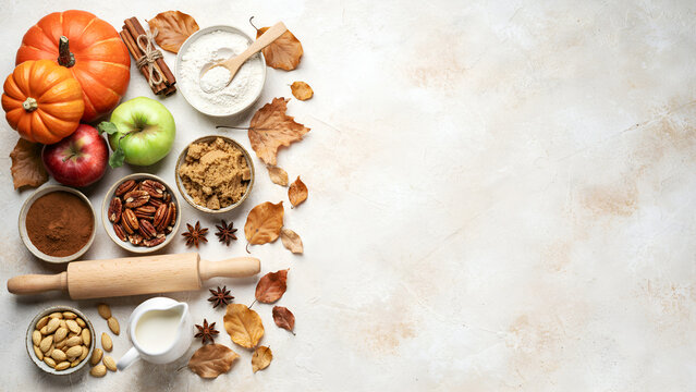 Autumn baking ingredients with pumpkins, apples, nuts, spices, and flour on a rustic light background with copy space