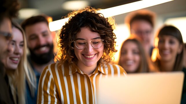 Happy curly haired woman wearing glasses working on laptop while surrounded by diverse supportive colleagues inside a modern bright office