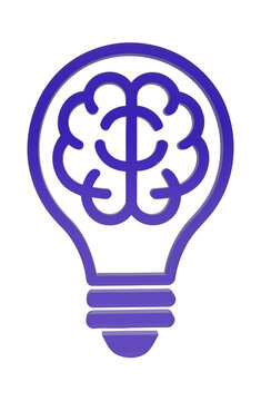 Purple brain inside a light bulb icon representing creative thinking innovation and smart business ideas