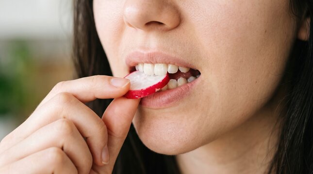 Healthy eating brings joy. Front teeth bite down crisply on a fresh, round slice of pink and white garden radish.