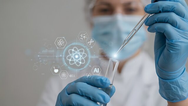 Scientist in laboratory conducting research with glowing scientific icons and atomic symbols, symbolizing innovation and discovery