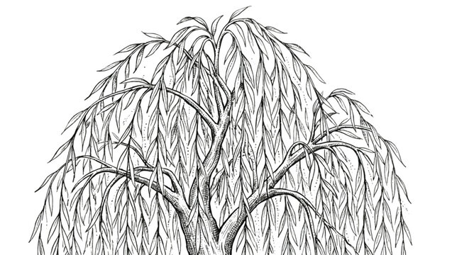 Detailed black and white illustration of weeping willow tree branches with leaves