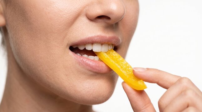 Healthy eating brings joy. Front teeth crunch down on a crisp, raw yellow bell pepper strip held delicately between fingers.