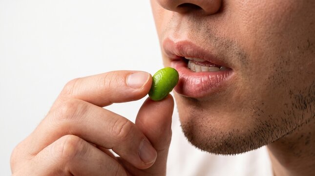 Healthy eating brings joy. Fingertips bring a single bright green steamed edamame soybean to parted lips for a light protein snack.